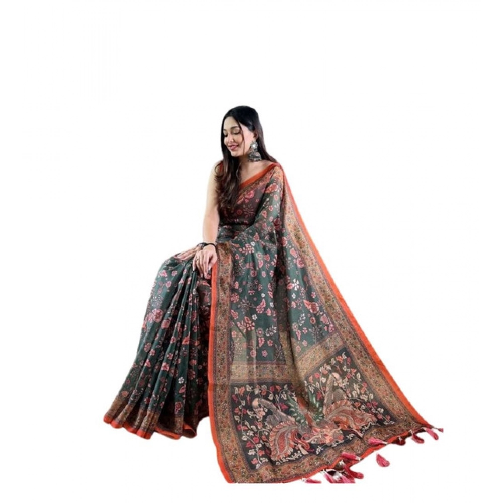 Women's Linen Printed Saree With Unstitched Blouse 5.5Mtr?(Green) - Image 2
