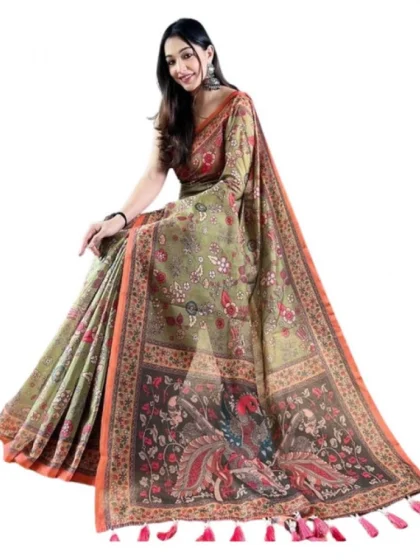 Women's Linen Printed Saree With Unstitched Blouse 5.5Mtr?(Sea Green)