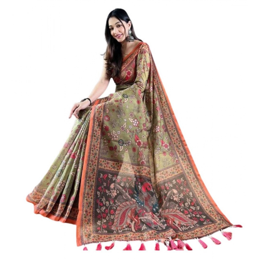Women's Linen Printed Saree With Unstitched Blouse 5.5Mtr?(Sea Green)