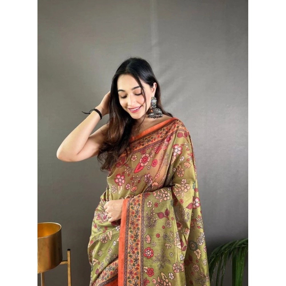 Women's Linen Printed Saree With Unstitched Blouse 5.5Mtr?(Sea Green) - Image 2