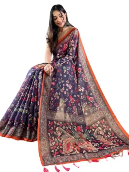 Women's Linen Printed Saree With Unstitched Blouse 5.5Mtr?(Blue)