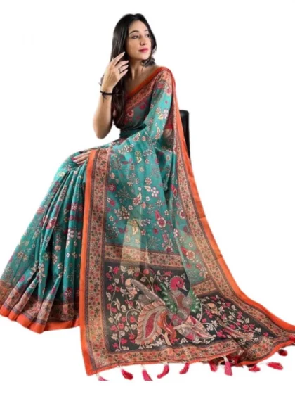 Women's Linen Printed Saree With Unstitched Blouse 5.5Mtr?(Olive)