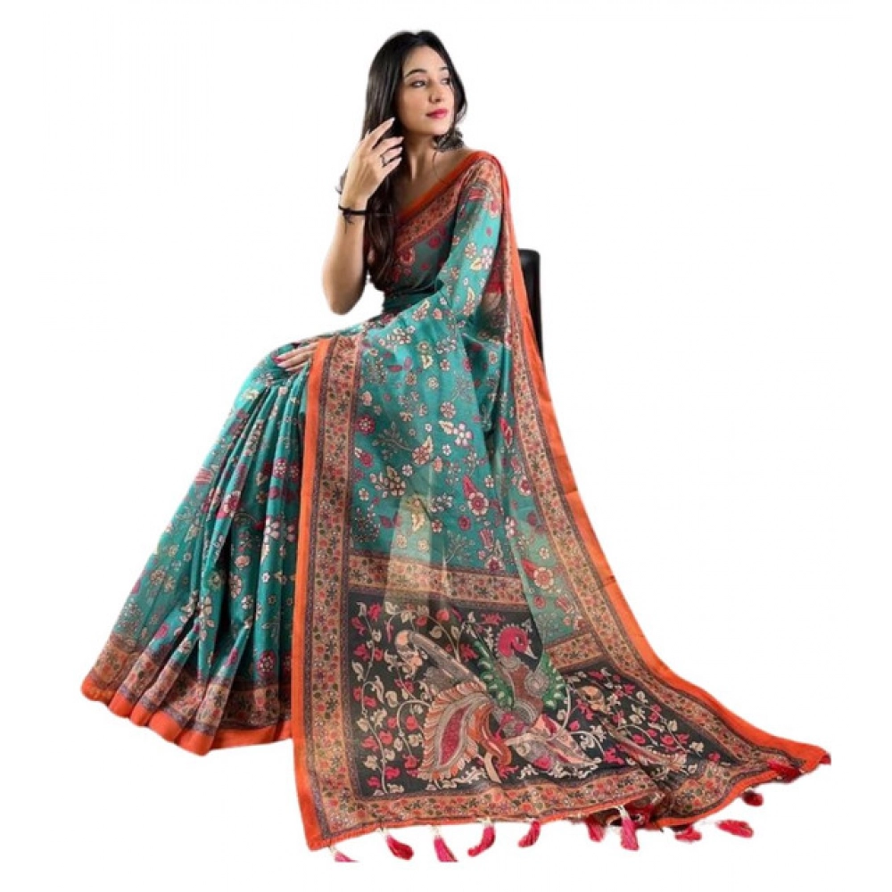 Women's Linen Printed Saree With Unstitched Blouse 5.5Mtr?(Olive)