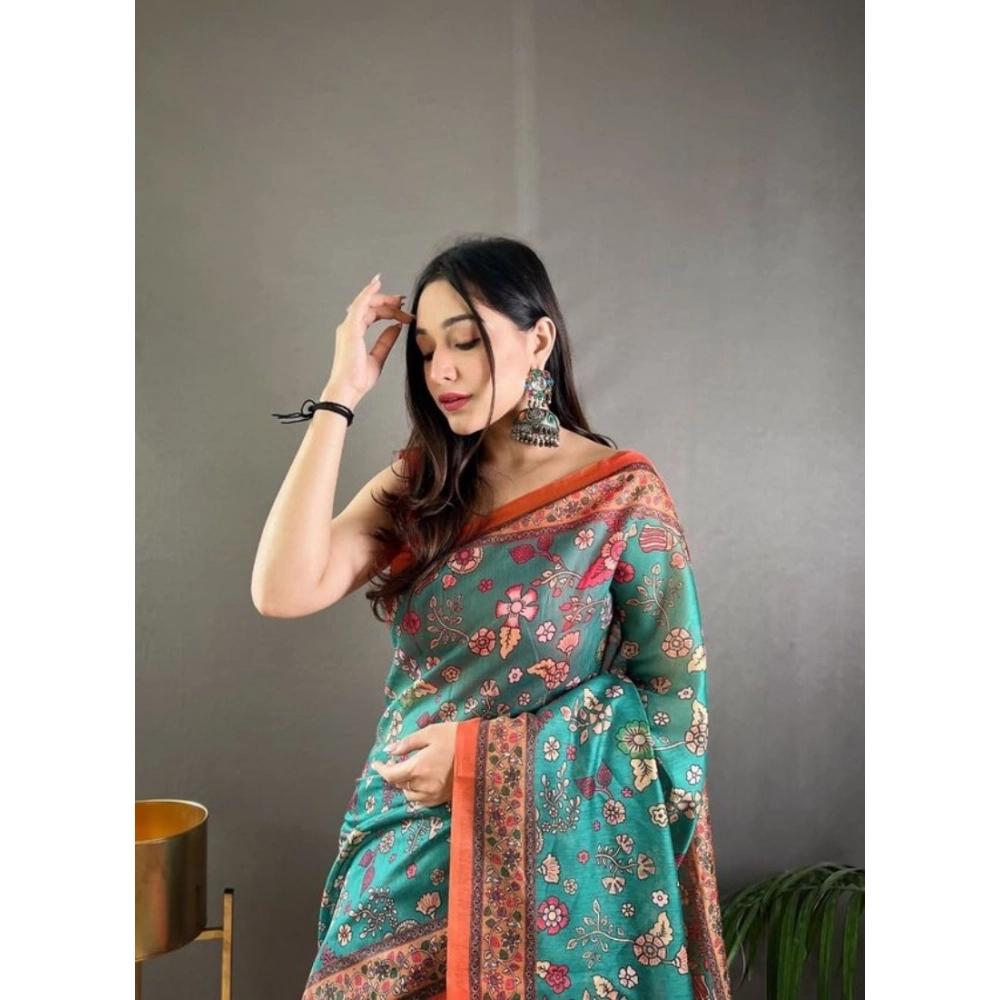 Women's Linen Printed Saree With Unstitched Blouse 5.5Mtr?(Olive) - Image 2