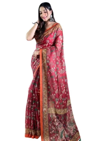 Women's Linen Printed Saree With Unstitched Blouse 5.5Mtr?(Red)