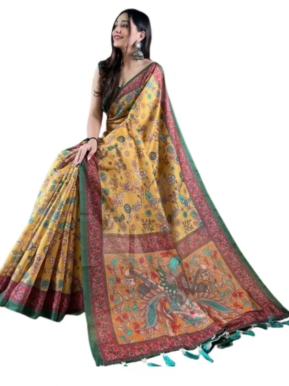 Women's Linen Printed Saree With Unstitched Blouse 5.5Mtr?(Yellow)