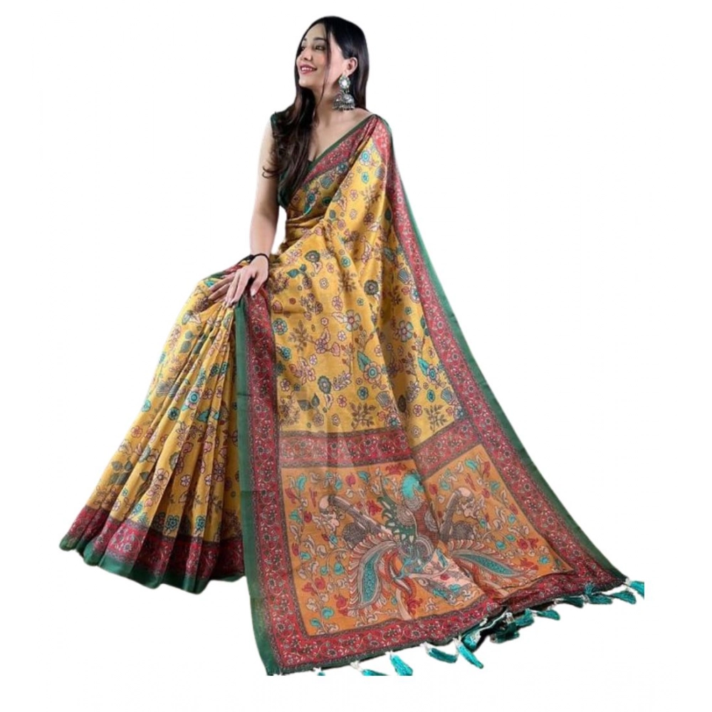 Women's Linen Printed Saree With Unstitched Blouse 5.5Mtr?(Yellow)