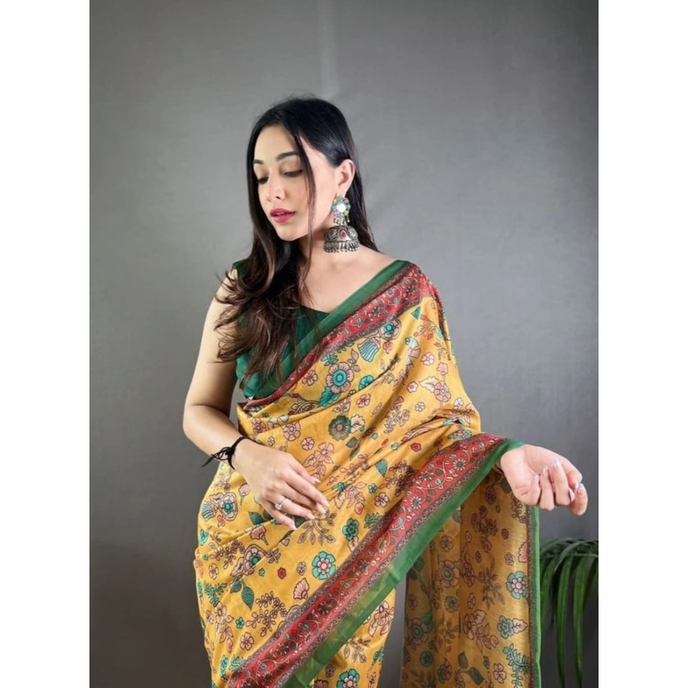 Women's Linen Printed Saree With Unstitched Blouse 5.5Mtr?(Yellow) - Image 2