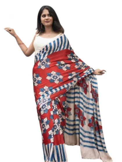 Women's Linen Printed Saree With Unstitched Blouse 5.5Mtr?(Red)