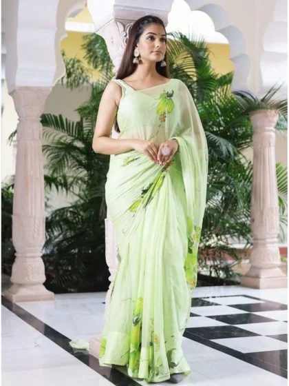 Women's Linen Printed Saree With Unstitched Blouse 5.5Mtr?(Green)