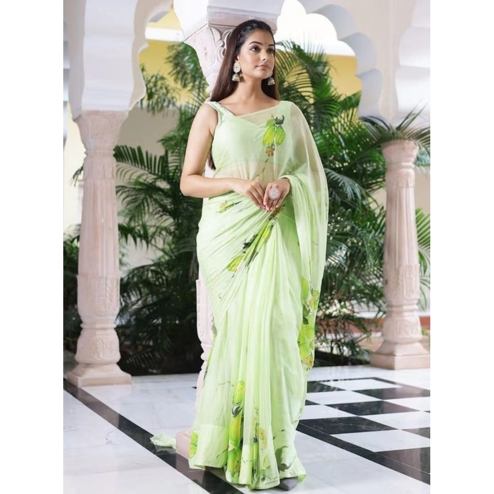 Women's Linen Printed Saree With Unstitched Blouse 5.5Mtr?(Green)