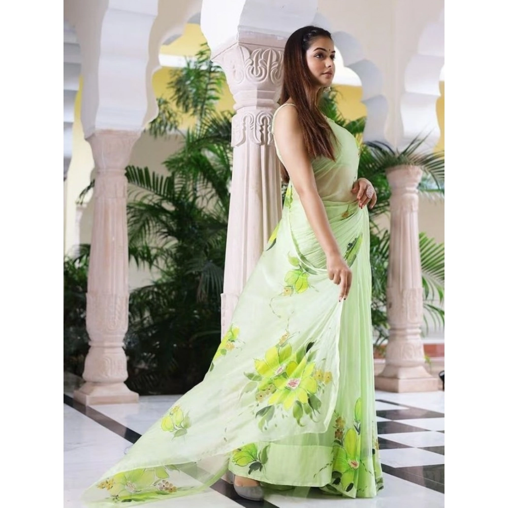 Women's Linen Printed Saree With Unstitched Blouse 5.5Mtr?(Green) - Image 2