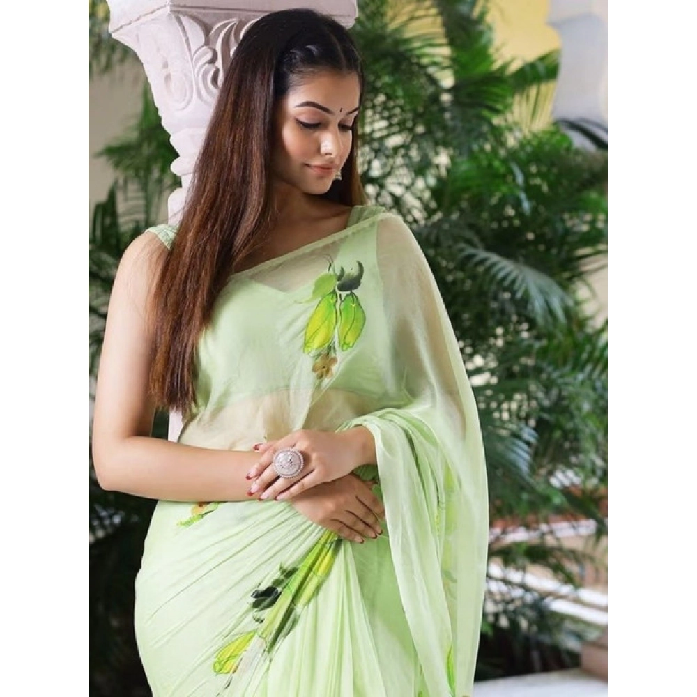 Women's Linen Printed Saree With Unstitched Blouse 5.5Mtr?(Green) - Image 3