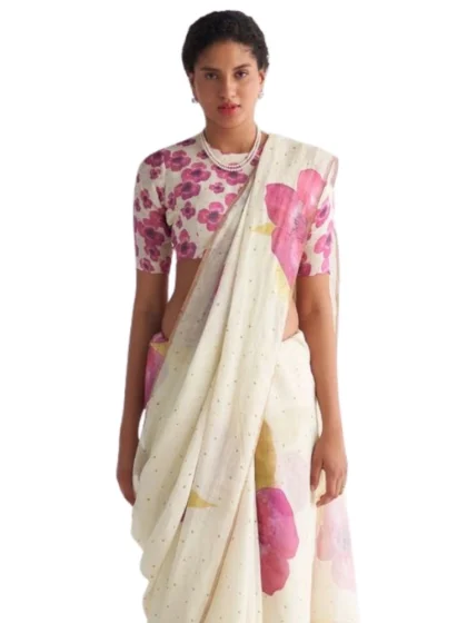 Women's Linen Printed Saree With Unstitched Blouse 5.5Mtr?(White)