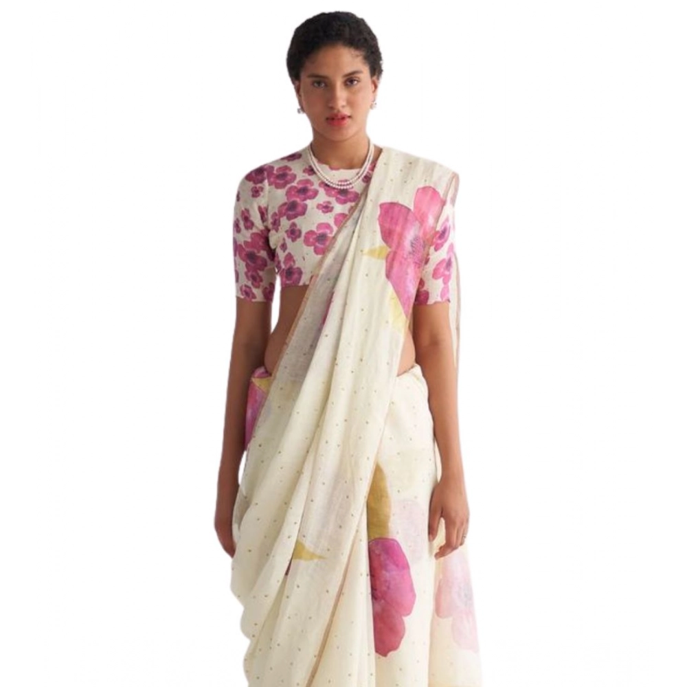Women's Linen Printed Saree With Unstitched Blouse 5.5Mtr?(White)
