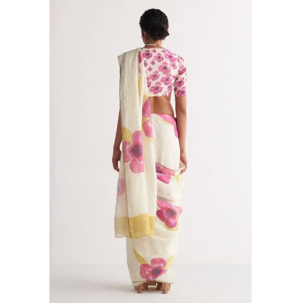 Women's Linen Printed Saree With Unstitched Blouse 5.5Mtr?(White) - Image 2