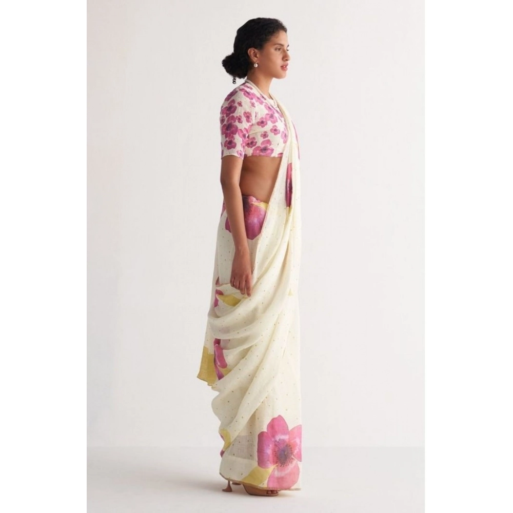 Women's Linen Printed Saree With Unstitched Blouse 5.5Mtr?(White) - Image 3