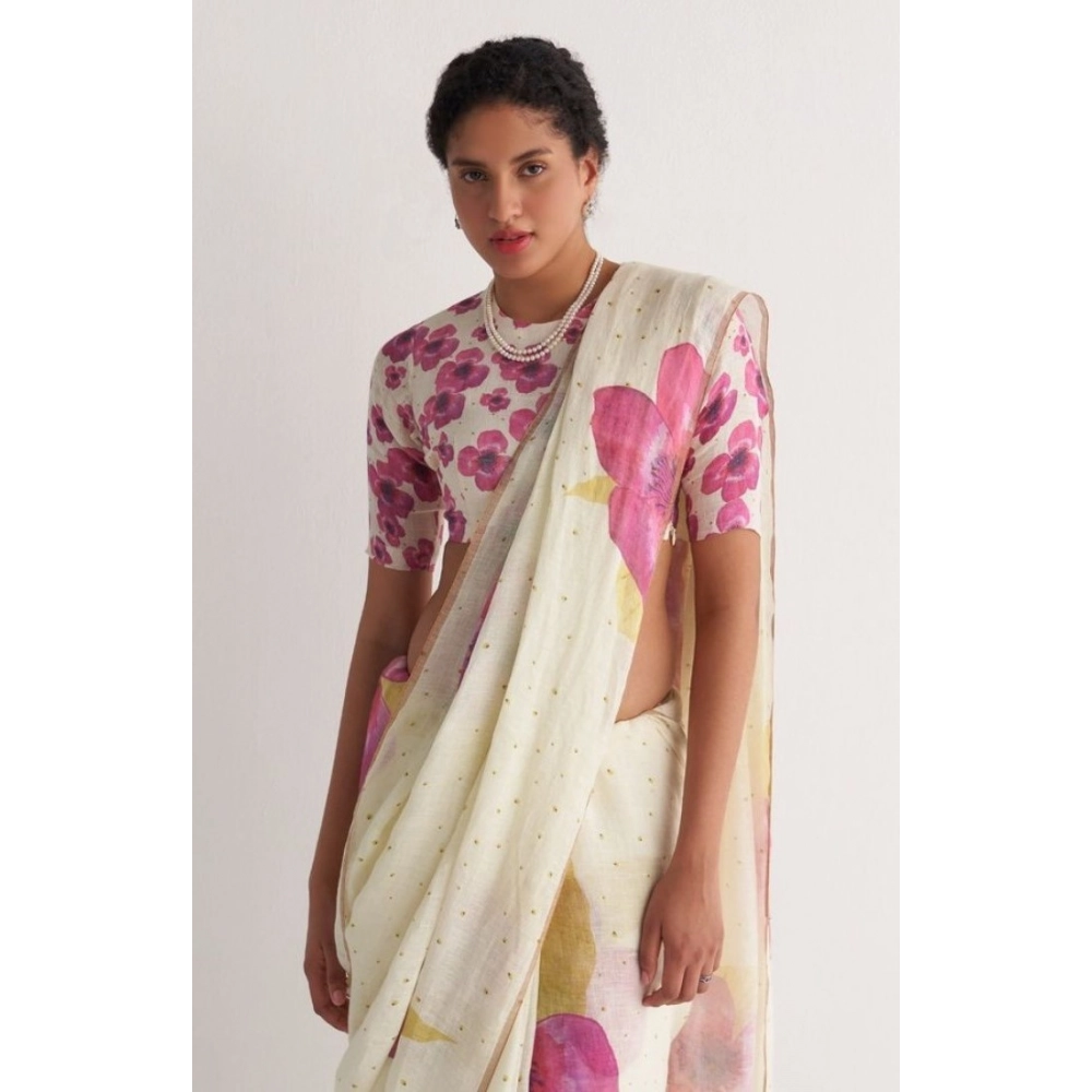 Women's Linen Printed Saree With Unstitched Blouse 5.5Mtr?(White) - Image 4
