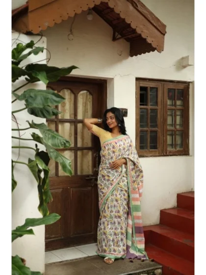 Women's Linen Printed Saree With Unstitched Blouse 5.5Mtr?(Multicolor)