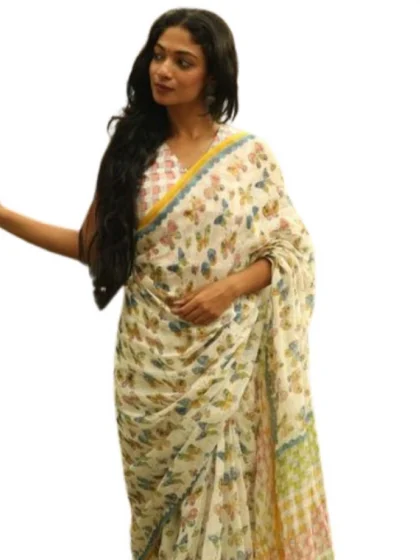 Women's Linen Printed Saree With Unstitched Blouse 5.5Mtr?(White)