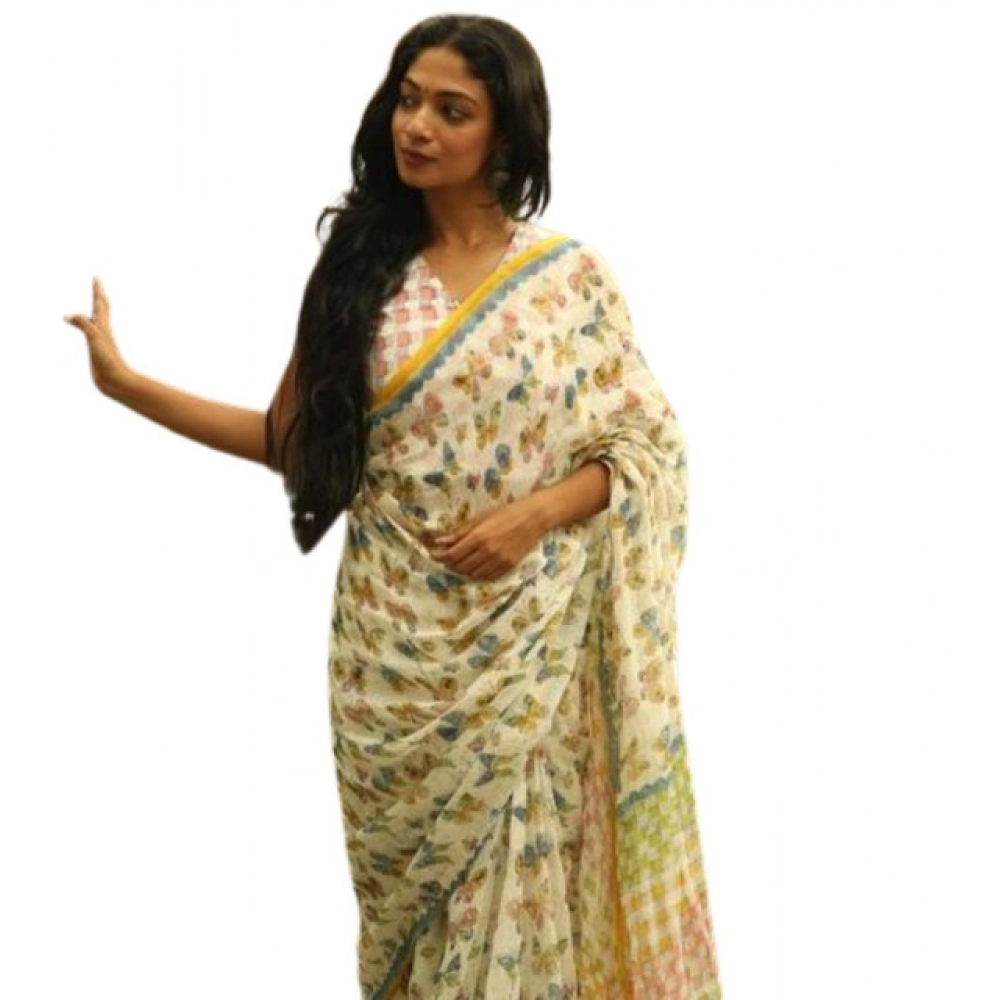 Women's Linen Printed Saree With Unstitched Blouse 5.5Mtr?(White)