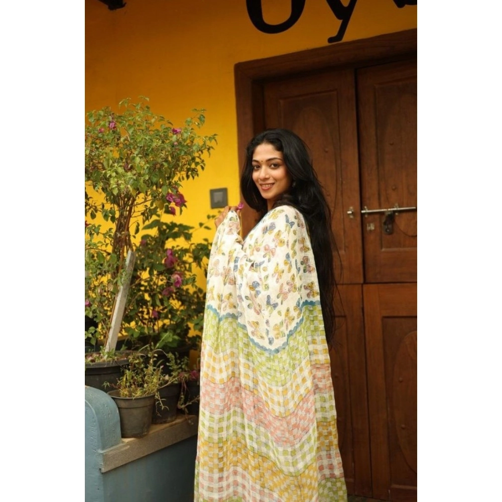 Women's Linen Printed Saree With Unstitched Blouse 5.5Mtr?(White) - Image 2