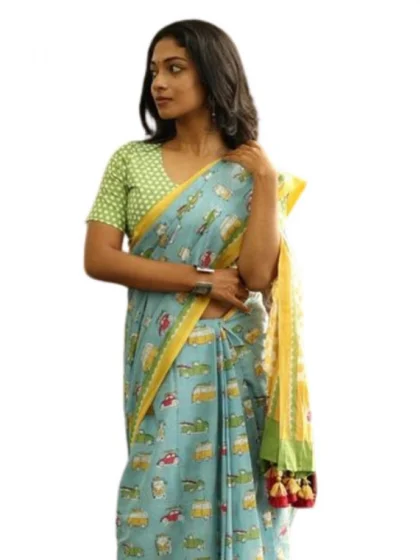 Women's Linen Printed Saree With Unstitched Blouse 5.5Mtr?(Blue)