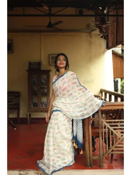 Women's Linen Printed Saree With Unstitched Blouse 5.5Mtr?(White)