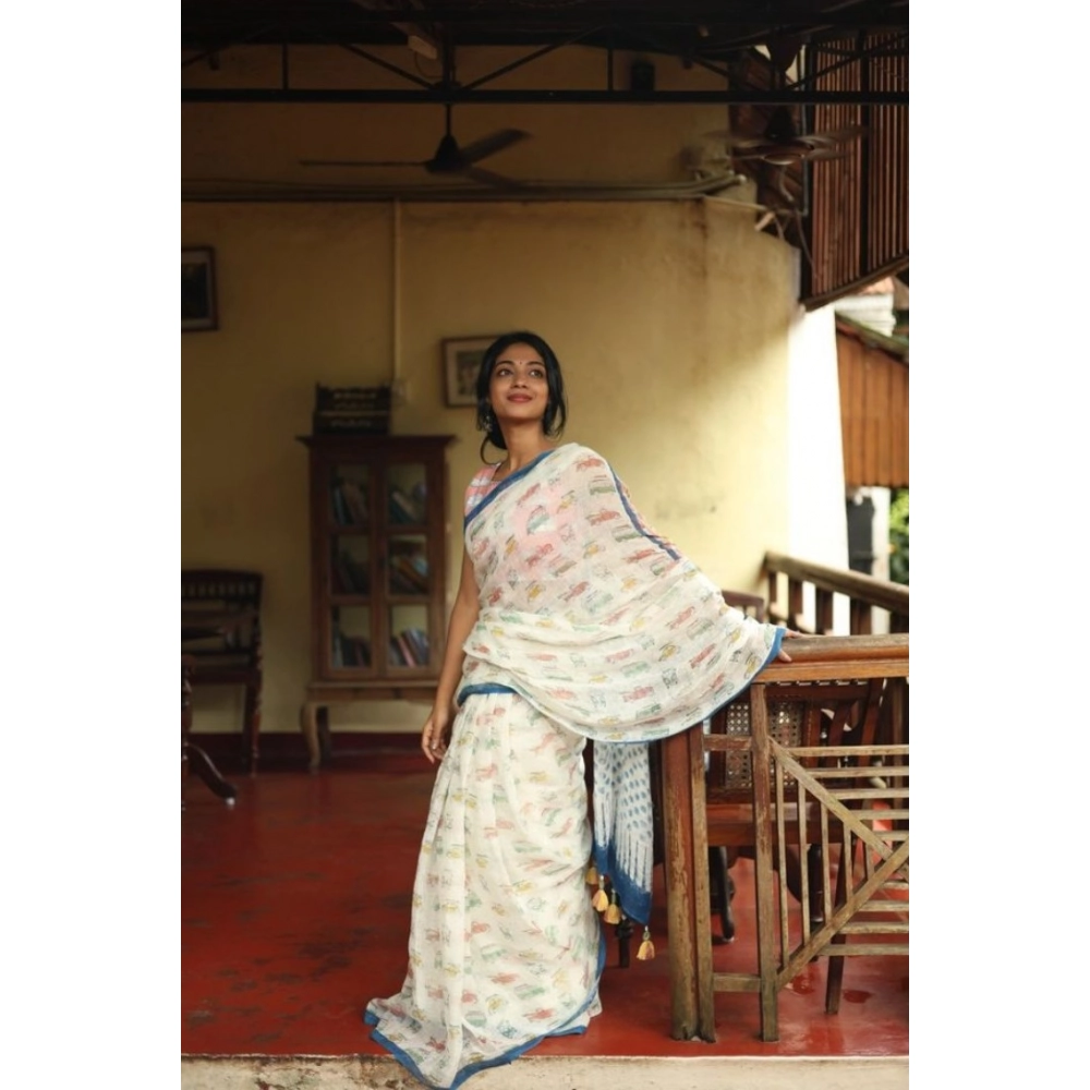 Women's Linen Printed Saree With Unstitched Blouse 5.5Mtr?(White)