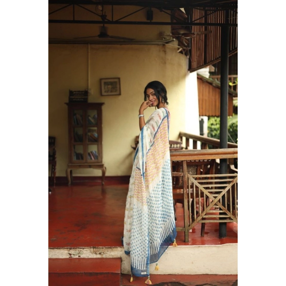 Women's Linen Printed Saree With Unstitched Blouse 5.5Mtr?(White) - Image 2