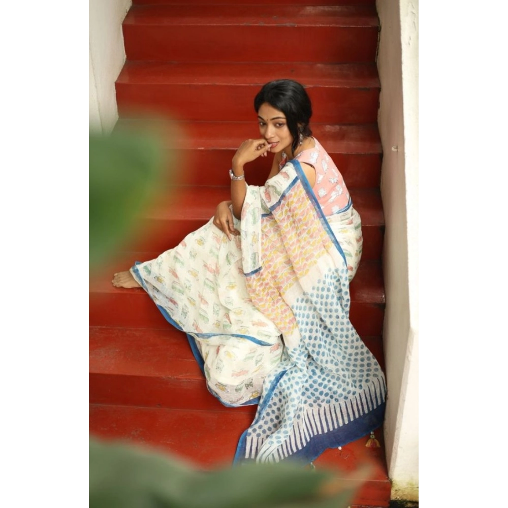 Women's Linen Printed Saree With Unstitched Blouse 5.5Mtr?(White) - Image 3
