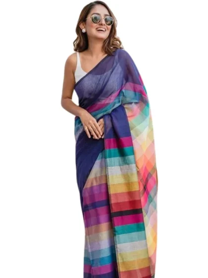 Women's Linen Printed Saree With Unstitched Blouse 5.5Mtr?(Navy)