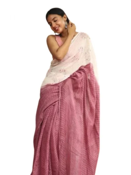 Women's Linen Printed Saree With Unstitched Blouse 5.5Mtr?(White)