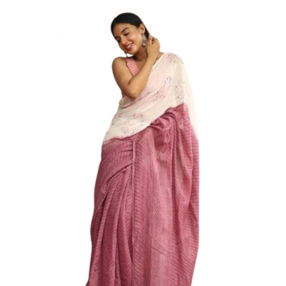 Women's Linen Printed Saree With Unstitched Blouse 5.5Mtr?(White)