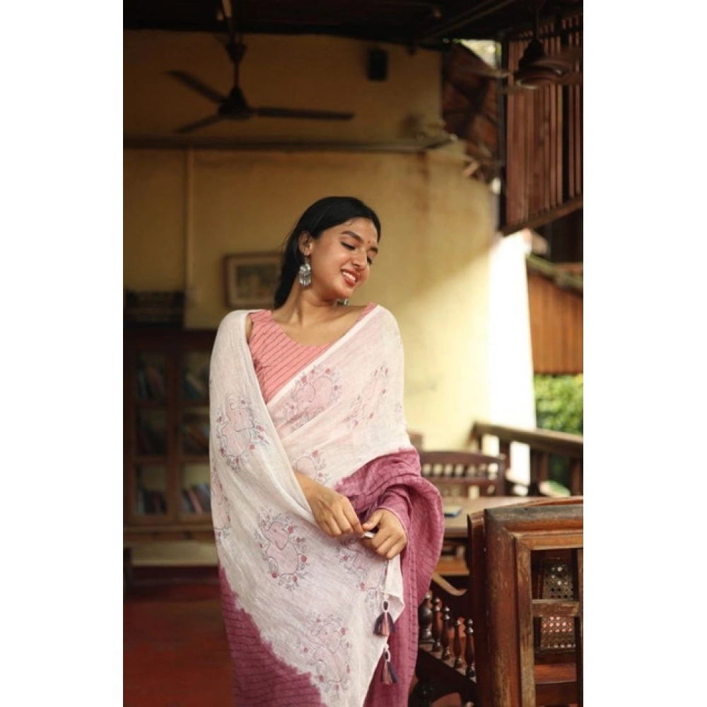 Women's Linen Printed Saree With Unstitched Blouse 5.5Mtr?(White) - Image 3