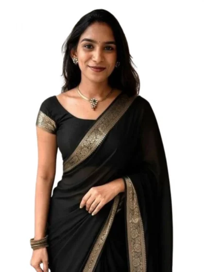 Women's Vichitra Silk Printed Saree With Unstitched Blouse 5.5Mtr?(Black)