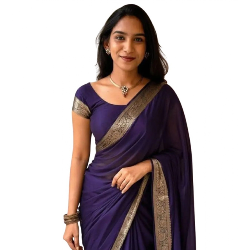 Women's Vichitra Silk Printed Saree With Unstitched Blouse 5.5Mtr?(Purple)