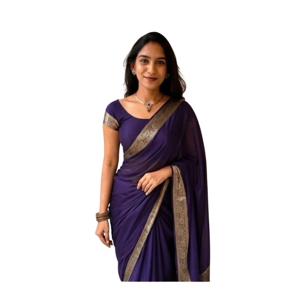 Women's Vichitra Silk Printed Saree With Unstitched Blouse 5.5Mtr?(Purple) - Image 2