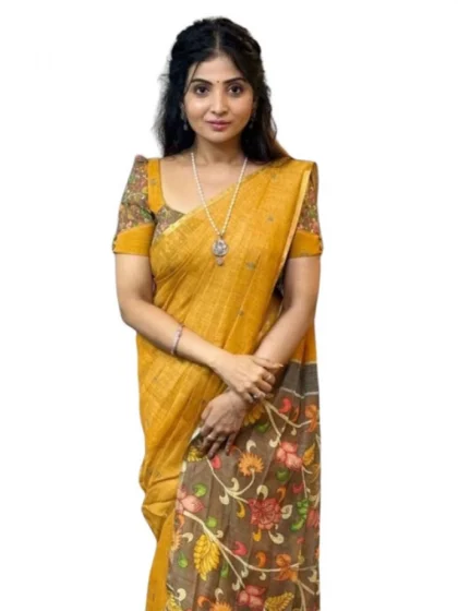 Women's Linen Printed Saree With Unstitched Blouse 5.5Mtr?(Mustard)