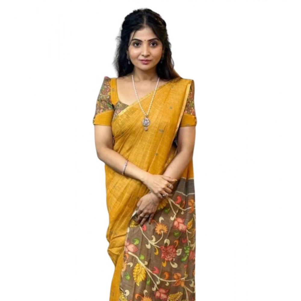 Women's Linen Printed Saree With Unstitched Blouse 5.5Mtr?(Mustard)