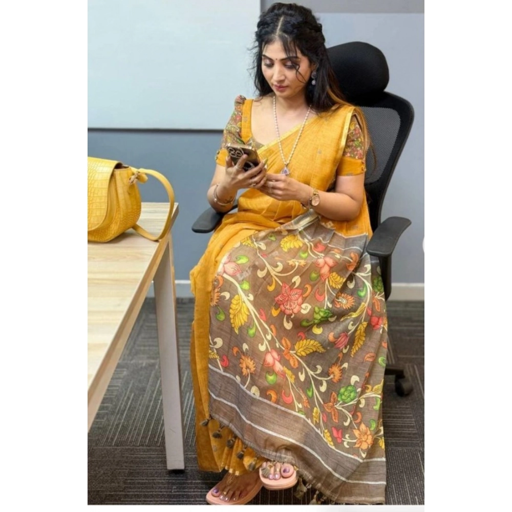 Women's Linen Printed Saree With Unstitched Blouse 5.5Mtr?(Mustard) - Image 2