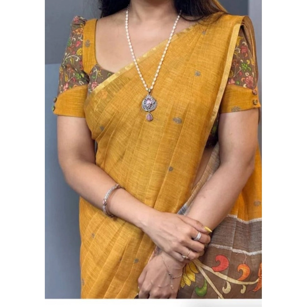 Women's Linen Printed Saree With Unstitched Blouse 5.5Mtr?(Mustard) - Image 3