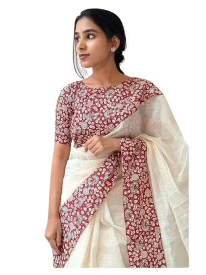 Women's Linen Printed Saree With Unstitched Blouse 5.5Mtr?(White)