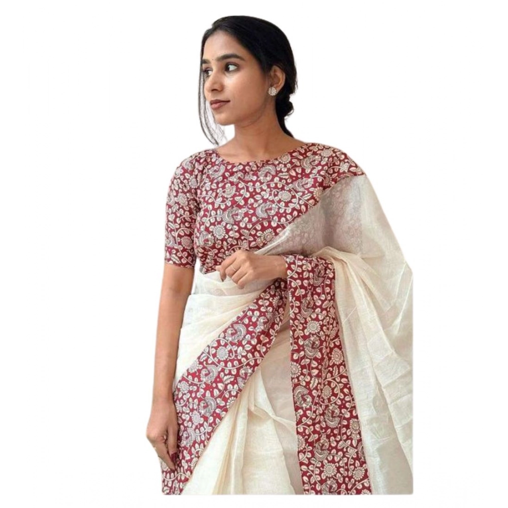 Women's Linen Printed Saree With Unstitched Blouse 5.5Mtr?(White)
