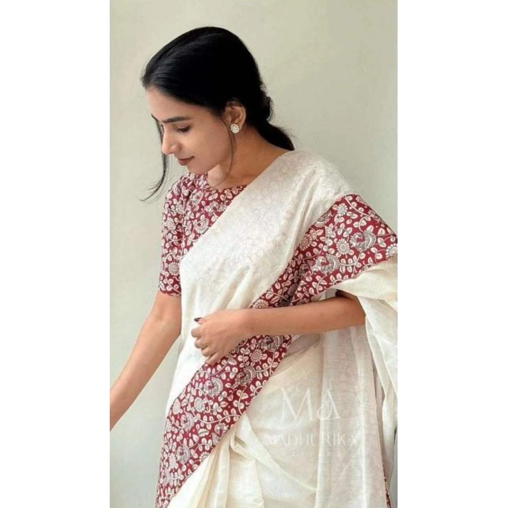 Women's Linen Printed Saree With Unstitched Blouse 5.5Mtr?(White) - Image 2