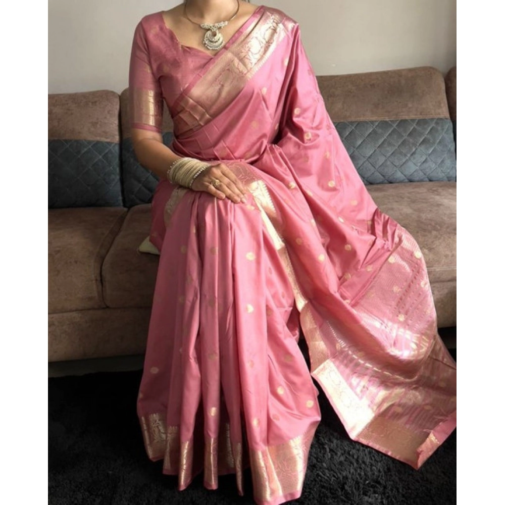 Women's Satin Printed Saree With Unstitched Blouse 5.5Mtr?(Pink) - Image 3