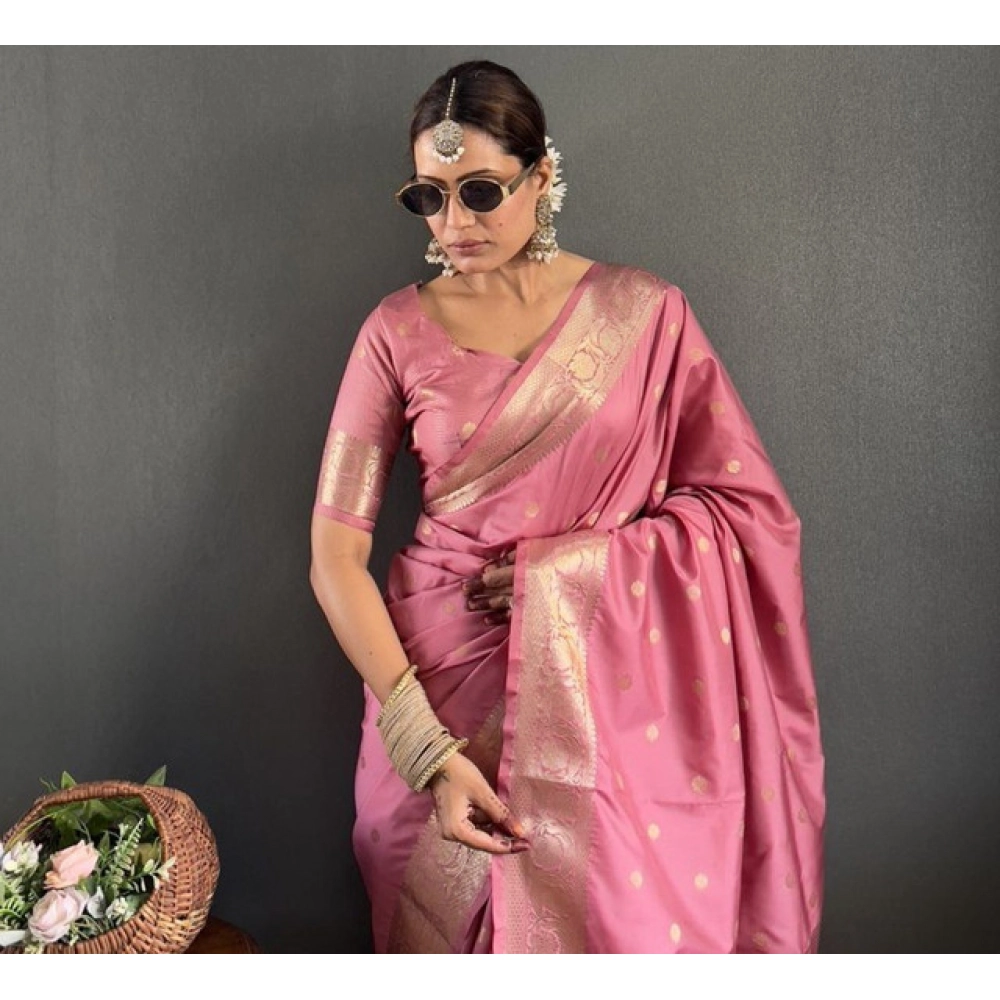Women's Satin Printed Saree With Unstitched Blouse 5.5Mtr?(Pink) - Image 5