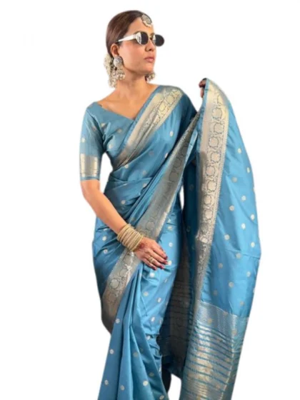 Women's Satin Printed Saree With Unstitched Blouse 5.5Mtr?(light Blue)