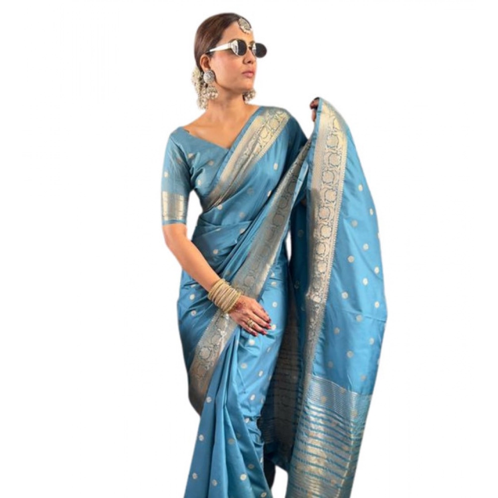Women's Satin Printed Saree With Unstitched Blouse 5.5Mtr?(light Blue)
