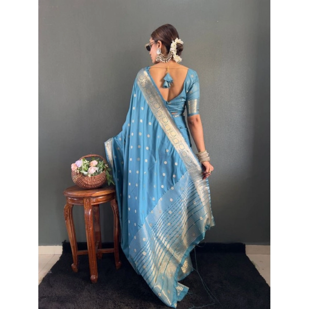 Women's Satin Printed Saree With Unstitched Blouse 5.5Mtr?(light Blue) - Image 2